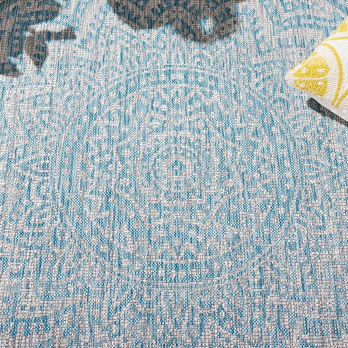 SAFAVIEH Washable Rug Outdoor Courtyard Collection - 9' x 12', Light Grey & Aqua Blue, Non-Shedding & Easy Cleaning, Ideal for Patio, Backyard, Mudroom (CY8734-37112)