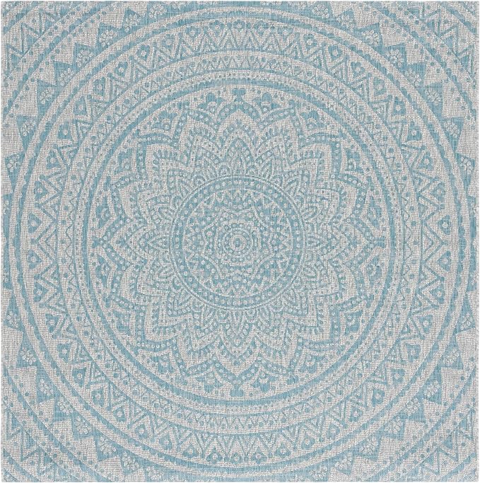 SAFAVIEH Washable Rug Outdoor Courtyard Collection - 9' Square, Light Grey & Aqua Blue, Non-Shedding & Easy Cleaning, Ideal for Patio, Backyard, Mudroom (CY8734-37112)