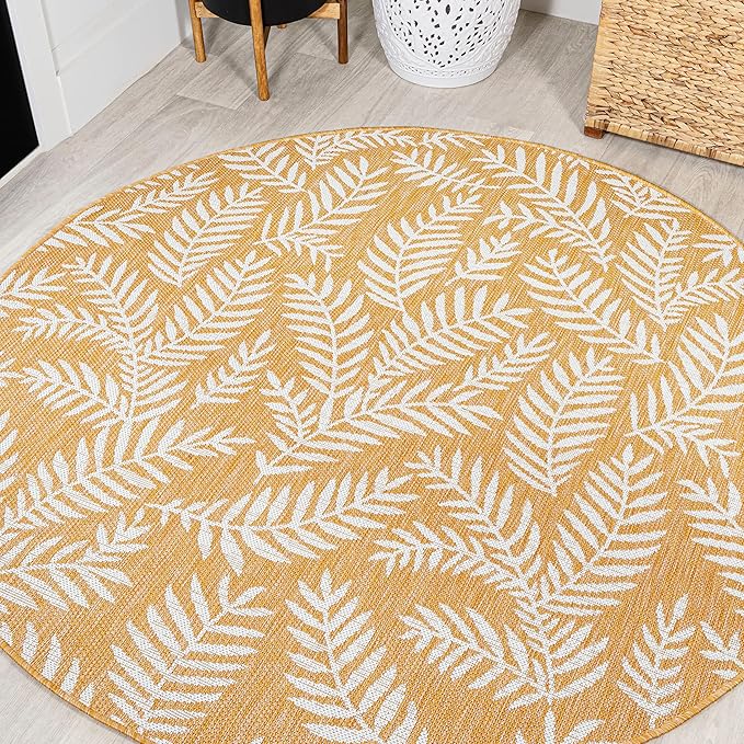 JONATHAN Y Palm Frond Indoor Outdoor Round Area Rug 5 Ft Yellow/Cream, Nevis for Backyard, Patio, Porch, Easy-Cleaning, High Traffic, Pet-Friendly, Non-Shedding (SMB119C-5R)