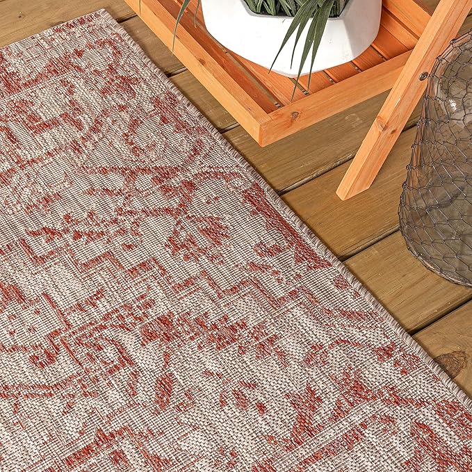 JONATHAN Y Boho Medallion Indoor Outdoor Round Area Rug 8 Ft Red/Taupe, Estrella Textured Weave for Backyard, Patio, Porch, Easy-Cleaning, High Traffic, Pet-Friendly, Non-Shedding (SMB105A-8R)