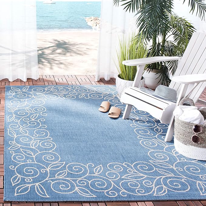 SAFAVIEH Washable Rug Outdoor Courtyard Collection - 6'7" Square, Blue & Beige, Non-Shedding & Easy Cleaning, Ideal for Patio, Backyard, Mudroom (CY5139C)