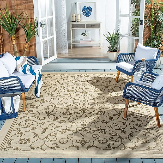 SAFAVIEH Washable Rug Outdoor Courtyard Collection - 6'7" Square, Natural & Brown, Non-Shedding & Easy Cleaning, Ideal for Patio, Backyard, Mudroom (CY2098-3001)