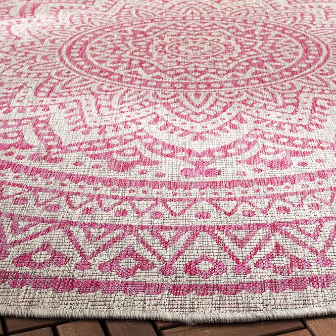 SAFAVIEH Washable Rug Outdoor Courtyard Collection - 6'7" Round, Light Grey & Fuchsia Pink Purple, Non-Shedding & Easy Cleaning, Ideal for Patio, Backyard, Mudroom (CY8734-39712)