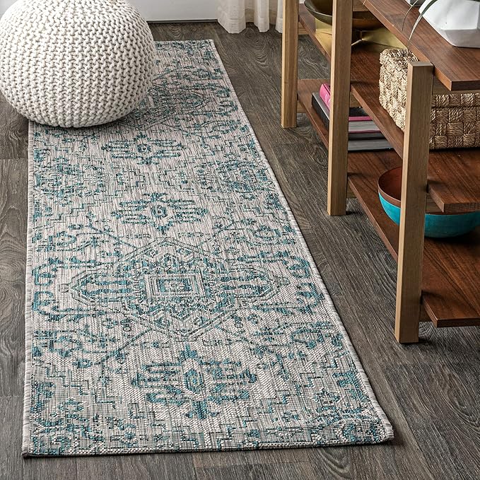 JONATHAN Y Boho Medallion Indoor Outdoor Runner Rug 2X10 Teal/Gray, Estrella Textured Weave for Backyard, Patio, Porch, Easy-Cleaning, High Traffic, Pet-Friendly, Non-Shedding (SMB105C-210)