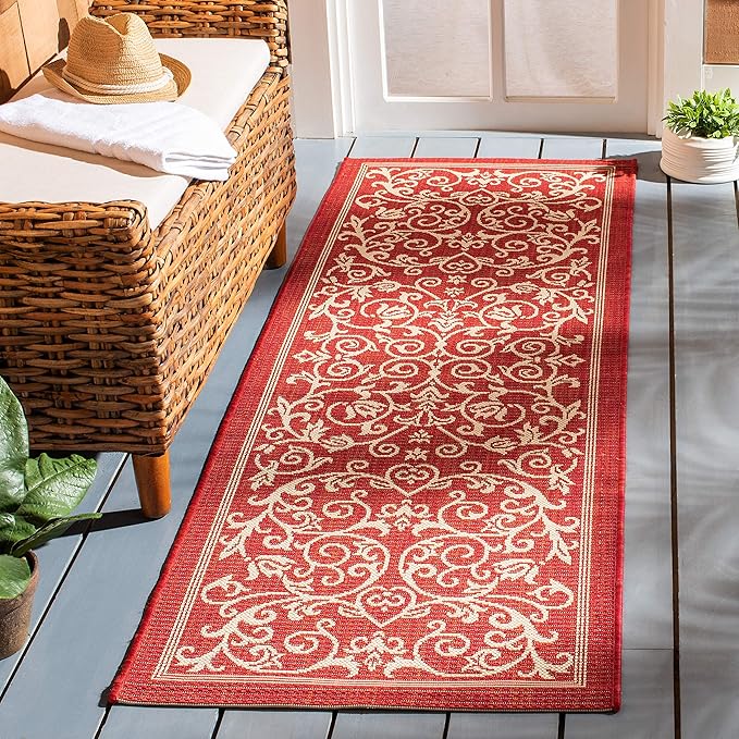 SAFAVIEH Washable Rug Outdoor Courtyard Collection - 2'3" x 6'7" Runner, Red & Natural, Non-Shedding & Easy Cleaning, Ideal for Patio, Entryway, Mudroom, Hallway, Kitchen (CY2098-3707)