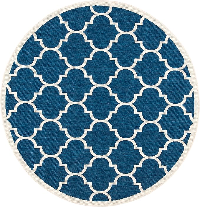 SAFAVIEH Washable Rug Outdoor Courtyard Collection - 5'3" Round, Navy & Beige, Non-Shedding & Easy Cleaning, Ideal for Patio, Backyard, Mudroom (CY6914-268)