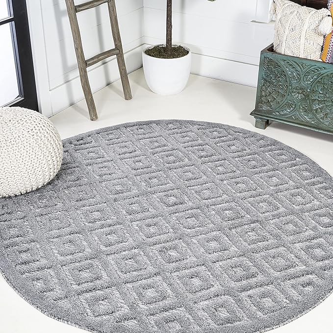 JONATHAN Y Diamond Trellis Indoor Outdoor Round Area Rug 5 Ft Dark Gray, Portmany Neutral for Backyard, Patio, Porch, Easy-Cleaning, High Traffic, Pet-Friendly, Non-Shedding (IBZ104A-5R)
