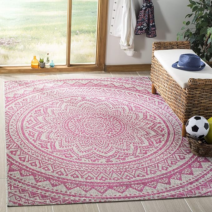 SAFAVIEH Washable Rug Outdoor Courtyard Collection - 2'7" x 5', Light Grey & Fuchsia Pink Purple, Non-Shedding & Easy Cleaning, Ideal for Patio, Backyard, Mudroom (CY8734-39712)