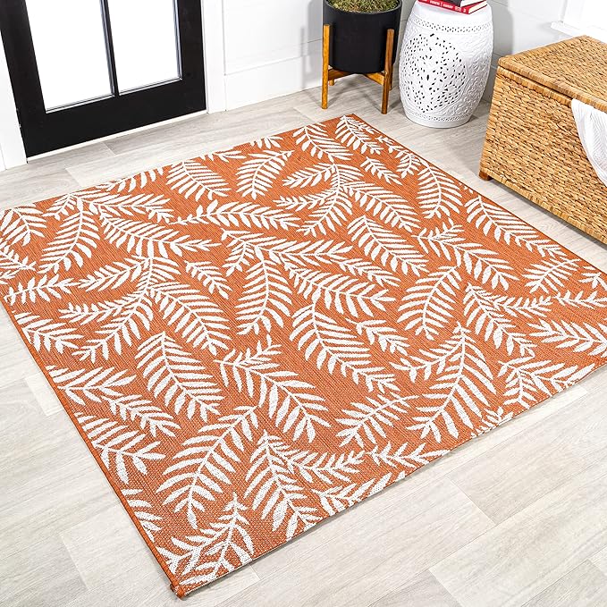 JONATHAN Y Palm Frond Indoor Outdoor Square Area Rug 5X5 Orange/Cream, Nevis for Backyard, Patio, Porch, Easy-Cleaning, High Traffic, Pet-Friendly, Non-Shedding (SMB119E-5SQ)