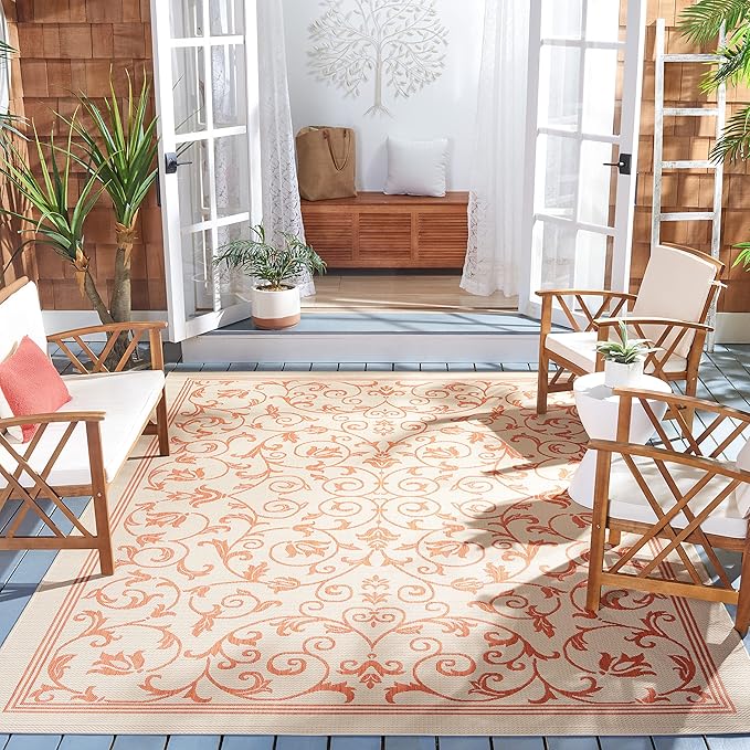 SAFAVIEH Washable Rug Outdoor Courtyard Collection - 6'7" x 9'6", Natural & Terracotta, Non-Shedding & Easy Cleaning, Ideal for Patio, Backyard, Mudroom (CY2098-3201)