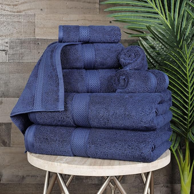 BLUENILEMILLS Madison Egyptian Cotton Towels, Towel Set for Bathroom, Shower, Hotel, Plush, 900 GSM, Highly Absorbent and Ultra-Soft Towels, Bath Essentials, 8 Piece Assorted Towel Set, Navy Blue