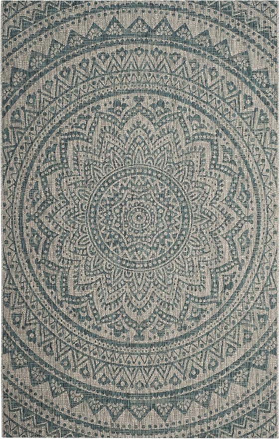 SAFAVIEH Courtyard Collection 80.4" x 115.2" Grey / Teal CY8734 Indoor-Outdoor Waterproof Easy-Cleaning Patio Backyard Mudroom Area-Rug