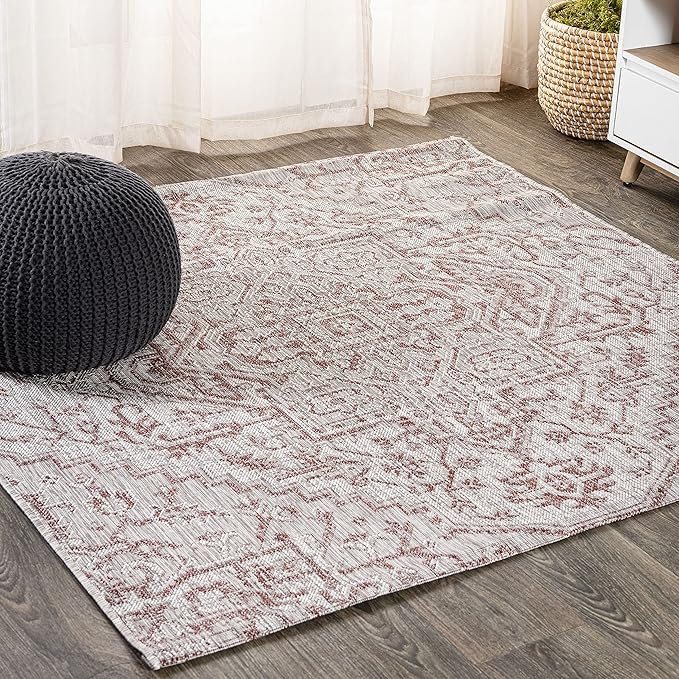 JONATHAN Y Boho Medallion Indoor Outdoor Square Area Rug 9X9 Red/Taupe, Estrella Textured Weave for Backyard, Patio, Porch, Easy-Cleaning, High Traffic, Pet-Friendly, Non-Shedding (SMB105A-9SQ)