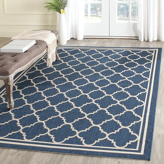 SAFAVIEH Washable Rug Outdoor Courtyard Collection - 2'7" x 5', Navy & Beige, Non-Shedding & Easy Cleaning, Ideal for Patio, Backyard, Mudroom (CY6918-268)