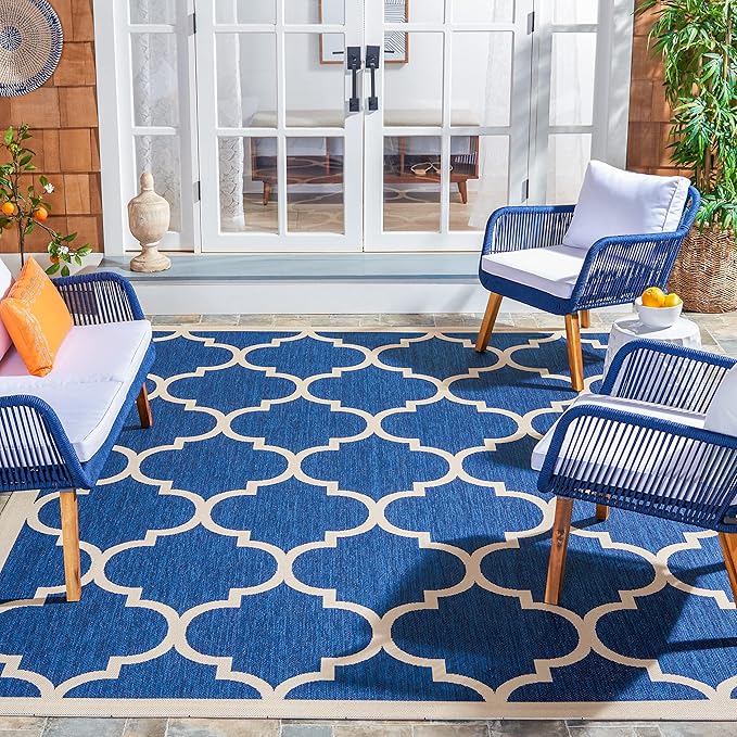 SAFAVIEH Washable Rug Outdoor Courtyard Collection - 9' x 12', Navy & Beige, Non-Shedding & Easy Cleaning, Ideal for Patio, Backyard, Mudroom (CY6914-268)