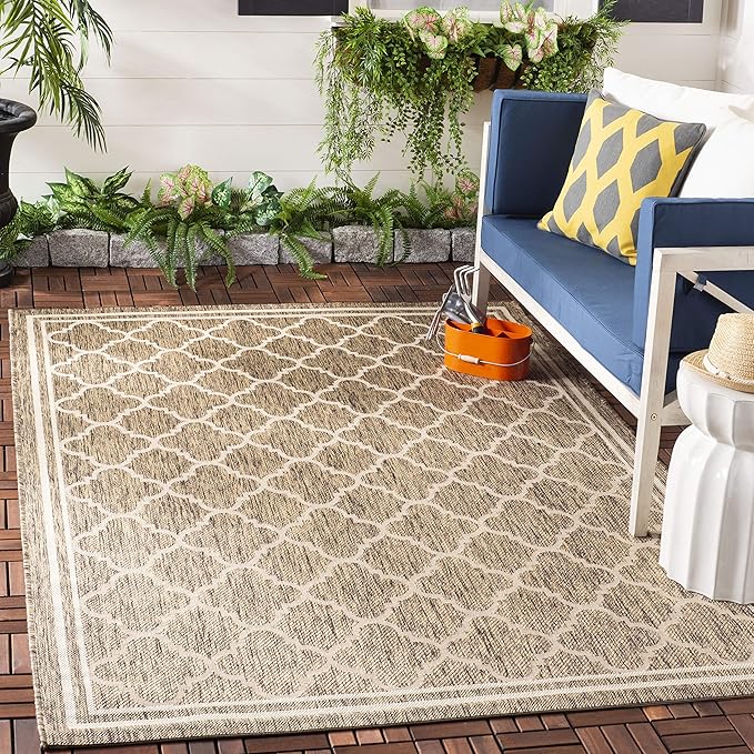 SAFAVIEH Washable Rug Outdoor Courtyard Collection - 4' Square, Brown & Bone, Non-Shedding & Easy Cleaning, Ideal for Patio, Backyard, Mudroom (CY6918-242)