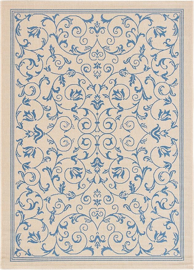 SAFAVIEH Washable Rug Outdoor Courtyard Collection - 5'3" x 7'7", Natural & Blue, Non-Shedding & Easy Cleaning, Ideal for Patio, Backyard, Mudroom (CY2098-3101)