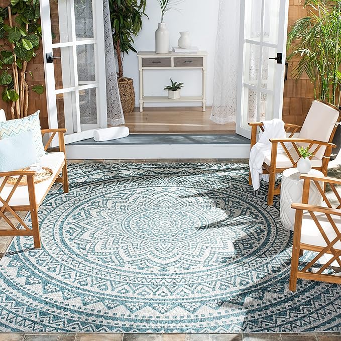 SAFAVIEH Washable Rug Outdoor Courtyard Collection - 9' x 12', Light Grey & Teal, Non-Shedding & Easy Cleaning, Ideal for Patio, Backyard, Mudroom (CY8734-37212)