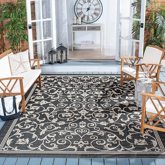 SAFAVIEH Washable Rug Outdoor Courtyard Collection - 6'7" Square, Black & Sand, Non-Shedding & Easy Cleaning, Ideal for Patio, Backyard, Mudroom (CY2098-3908)