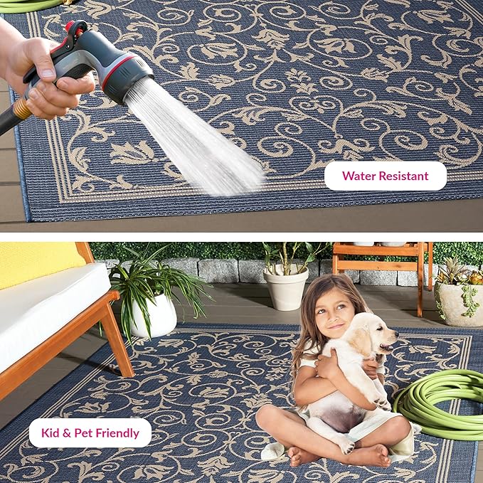 SAFAVIEH Washable Rug Outdoor Courtyard Collection - 5'3" x 7'7", Blue & Natural, Non-Shedding & Easy Cleaning, Ideal for Patio, Backyard, Mudroom (CY2098-3103)