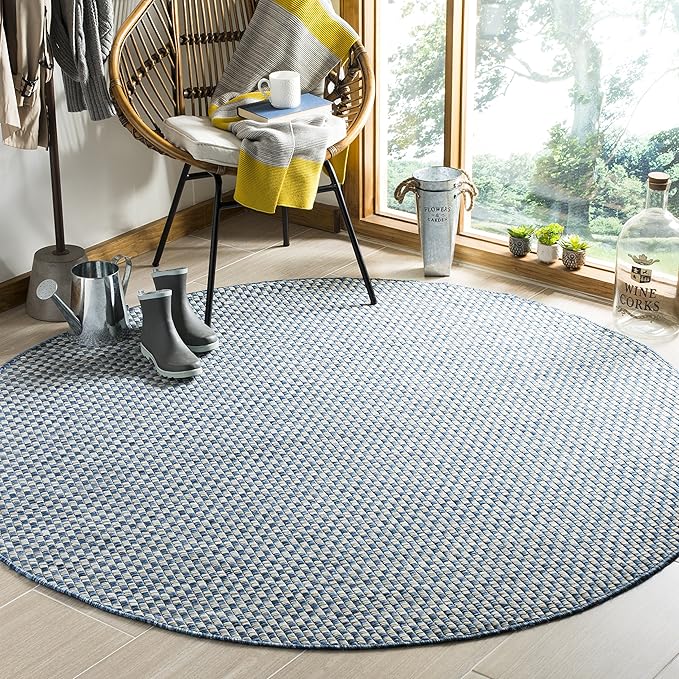 SAFAVIEH Washable Rug Outdoor Courtyard Collection - 5'3" Round, Blue & Light Grey, Non-Shedding & Easy Cleaning, Ideal for Patio, Backyard, Mudroom (CY8653-36821)