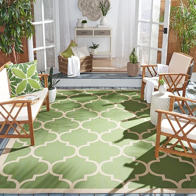 SAFAVIEH Washable Rug Outdoor Courtyard Collection - 7'10" Square, Green & Beige, Non-Shedding & Easy Cleaning, Ideal for Patio, Backyard, Mudroom (CY6914-244)