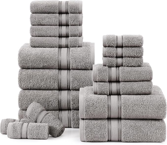 LANE LINEN 18 Pack Towels for Bathroom – 100% Ring-Spun Cotton, Zero Twist, 6 Bath, 6 Hand Towel & 6 Wash Cloths,Gentle on Body, Highly Absorbent, Remains Soft After Wash, Hotel & Spa Quality – Grey