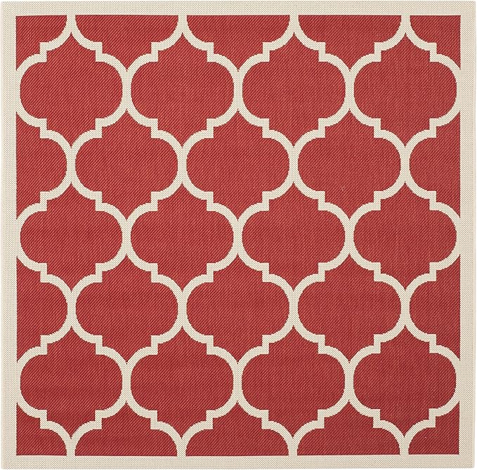 SAFAVIEH Washable Rug Outdoor Courtyard Collection - 5'3" Square, Red & Bone, Non-Shedding & Easy Cleaning, Ideal for Patio, Backyard, Mudroom (CY6914-248)