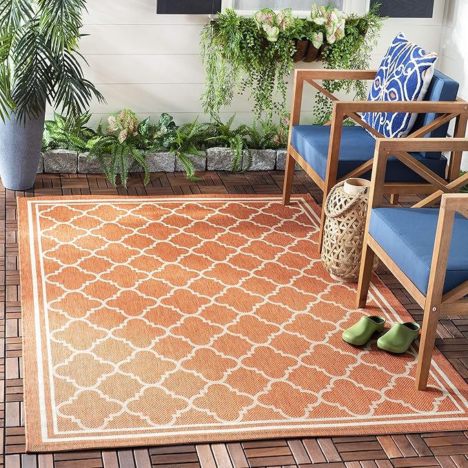 SAFAVIEH Washable Rug Outdoor Courtyard Collection - 5'3" Square, Terracotta & Bone, Non-Shedding & Easy Cleaning, Ideal for Patio, Backyard, Mudroom (CY6918-241)