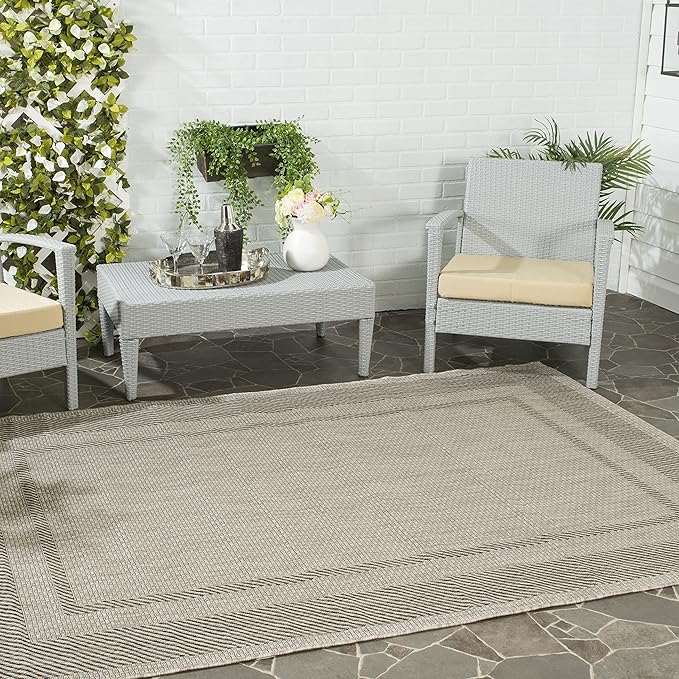 SAFAVIEH Courtyard Collection 6'7" x 9'6" Beige/Black CY8477 Indoor/ Outdoor Waterproof Easy Cleaning Patio Backyard Mudroom Area Rug
