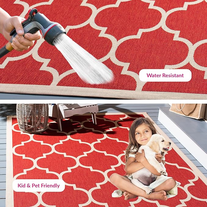 SAFAVIEH Washable Rug Outdoor Courtyard Collection - 6'7" x 9'6", Red & Bone, Non-Shedding & Easy Cleaning, Ideal for Patio, Backyard, Mudroom (CY6914-248)