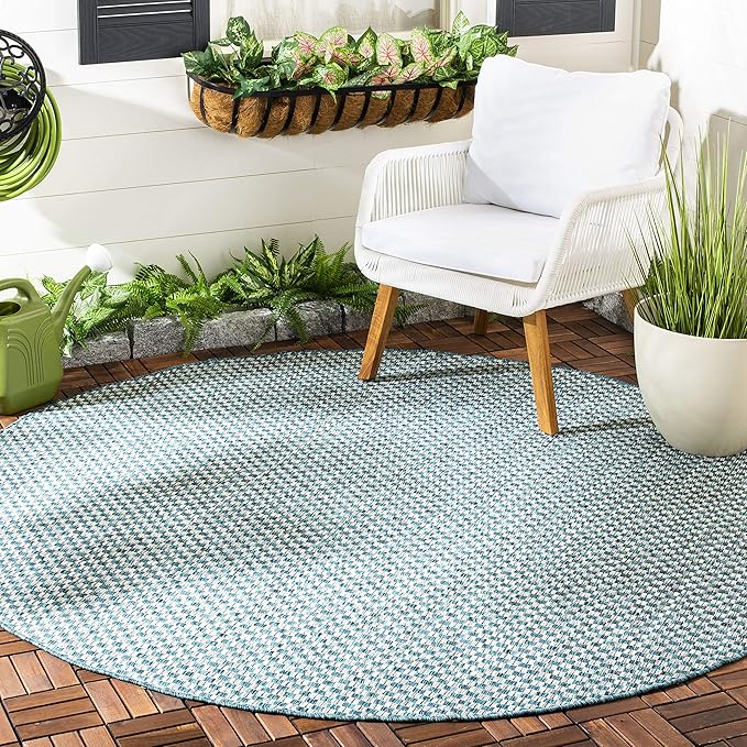 SAFAVIEH Courtyard Collection 4' Round Turquoise / Light Grey CY8653 Indoor-Outdoor Waterproof Easy-Cleaning Patio Backyard Mudroom Area-Rug
