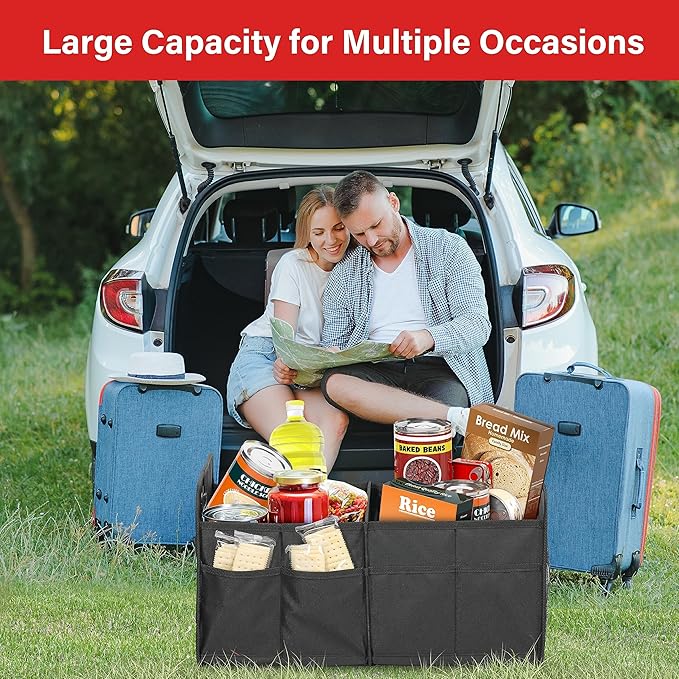 Simple Deluxe Trunk Organizer for Car/SUV, Foldable 2 Compartment 50L Car Storage, 600D Waterproof Oxford Polyester Car Storage Organizer, Anti-Slip & Leak-Proof Car Accessories for Travel, Black