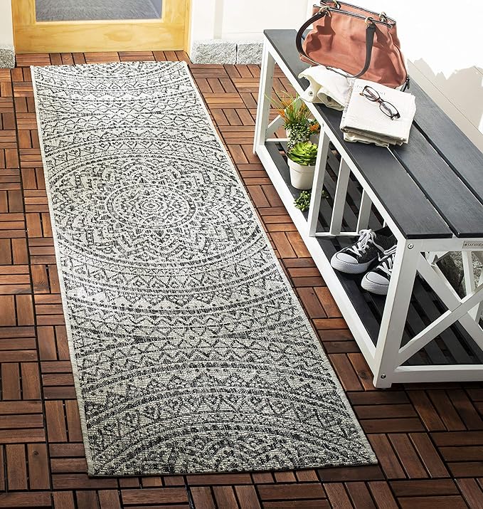SAFAVIEH Washable Rug Outdoor Courtyard Collection - 2'3" x 12' Runner, Light Grey & Black, Non-Shedding & Easy Cleaning, Ideal for Patio, Entryway, Mudroom, Hallway, Kitchen (CY8734-37612)
