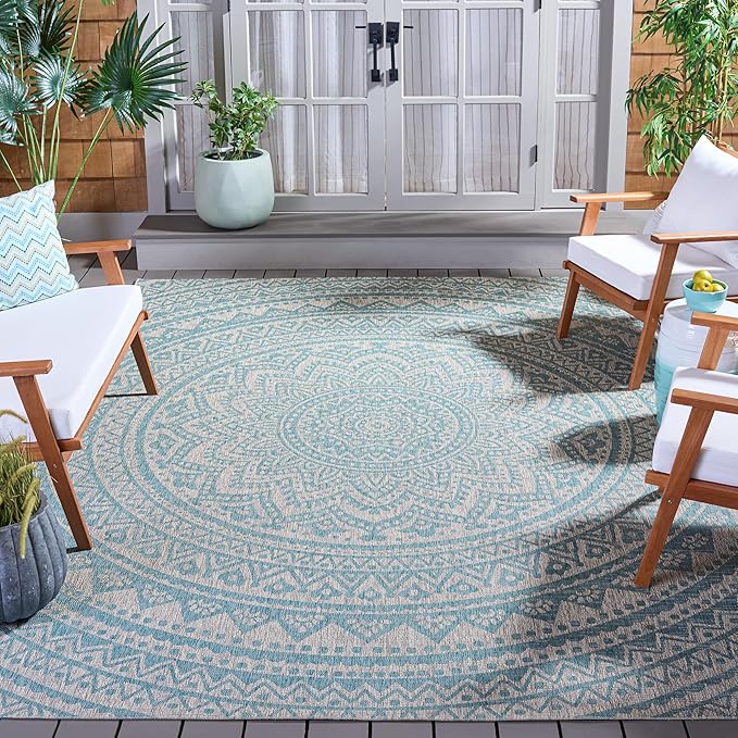 SAFAVIEH Washable Rug Outdoor Courtyard Collection - 9' x 12', Light Grey & Aqua Blue, Non-Shedding & Easy Cleaning, Ideal for Patio, Backyard, Mudroom (CY8734-37112)