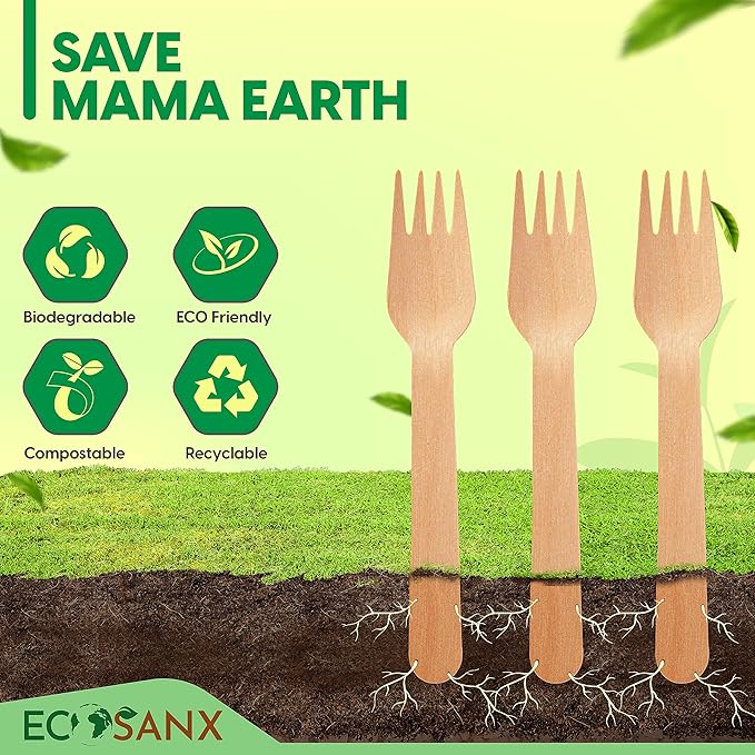 ECOSANX® 300 PCs Wooden forks for eating 6.5" Splinter Free Compostable Forks, Eco-Friendly Wooden Cutlery for Party & Outdoor, Disposable forks for Camping, Events & More