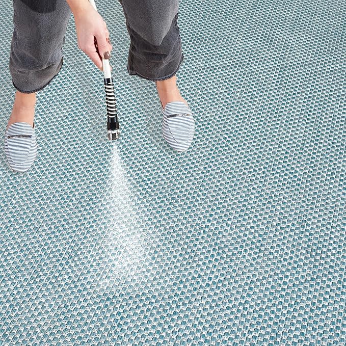 SAFAVIEH Washable Rug Outdoor Courtyard Collection - 6'7" Square, Aqua Blue & Grey, Non-Shedding & Easy Cleaning, Ideal for Patio, Backyard, Mudroom (CY8521-37121)