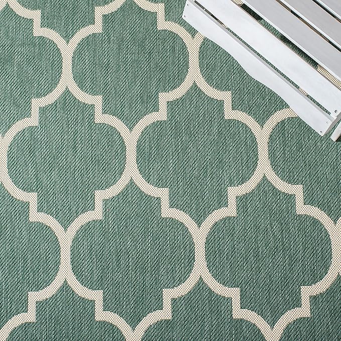 SAFAVIEH Washable Rug Outdoor Courtyard Collection - 4' x 5'7", Dark Green & Beige, Non-Shedding & Easy Cleaning, Ideal for Patio, Backyard, Mudroom (CY6914-322)