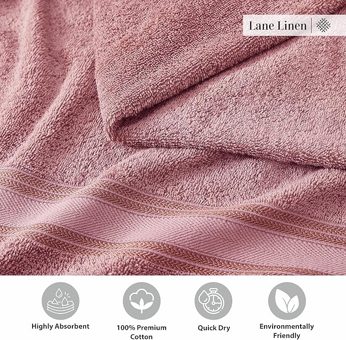 LANE LINEN Bathroom Towels Set of 12 – Zero Twist, 100% Ring-Spun Cotton, 4 Bath, 4 Handtowel & 4 Washcloths, Luxury Hotel Design, Perfect for Salon & Guests, Machine Washable – Wishful Mauve