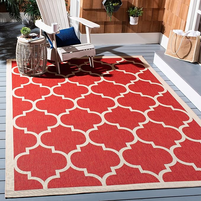 SAFAVIEH Washable Rug Outdoor Courtyard Collection - 6'7" x 9'6", Red & Bone, Non-Shedding & Easy Cleaning, Ideal for Patio, Backyard, Mudroom (CY6914-248)