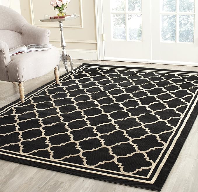 SAFAVIEH Washable Rug Outdoor Courtyard Collection - 4' Square, Black & Beige, Non-Shedding & Easy Cleaning, Ideal for Patio, Backyard, Mudroom (CY6918-226)