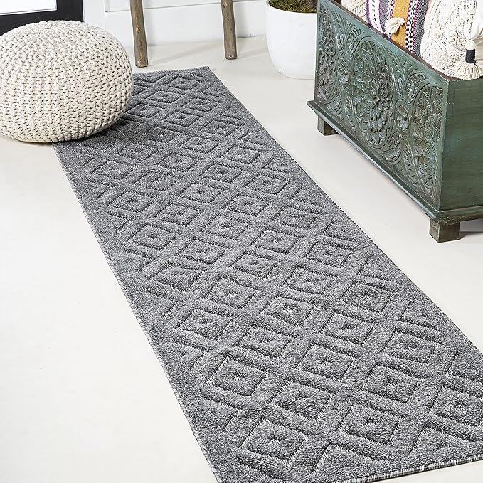 JONATHAN Y Diamond Trellis Indoor Outdoor Runner Rug 2X8 Dark Gray, Portmany Neutral for Backyard, Patio, Porch, Easy-Cleaning, High Traffic, Pet-Friendly, Non-Shedding (IBZ104A-28)