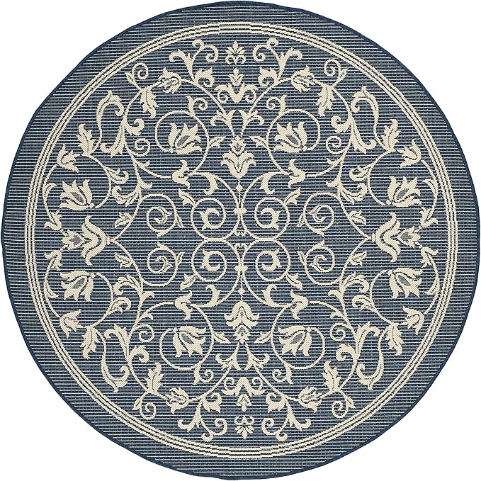 SAFAVIEH Washable Rug Outdoor Courtyard Collection - 5'3" Round, Navy & Beige, Non-Shedding & Easy Cleaning, Ideal for Patio, Backyard, Mudroom (CY2098-268)