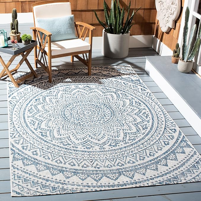 SAFAVIEH Courtyard Collection 2'7" x 5' Ivory/Navy CY8734 Indoor/ Outdoor Waterproof Easy Cleaning Patio Backyard Mudroom Area Rug