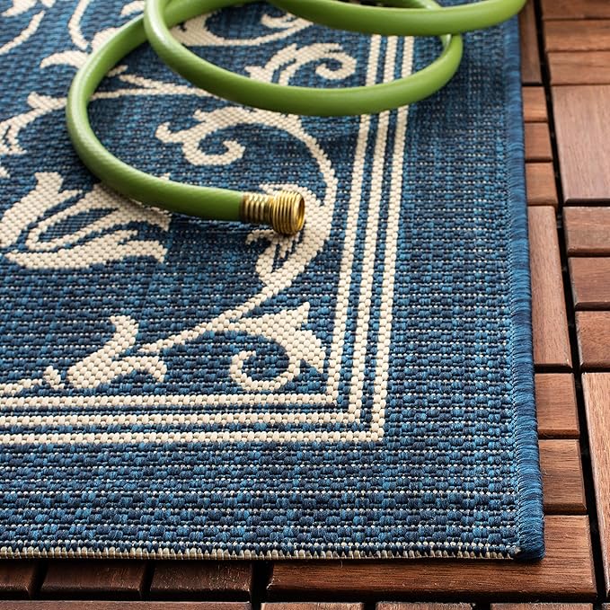 SAFAVIEH Washable Rug Outdoor Courtyard Collection - 6'7" Square, Navy & Beige, Non-Shedding & Easy Cleaning, Ideal for Patio, Backyard, Mudroom (CY2098-268)