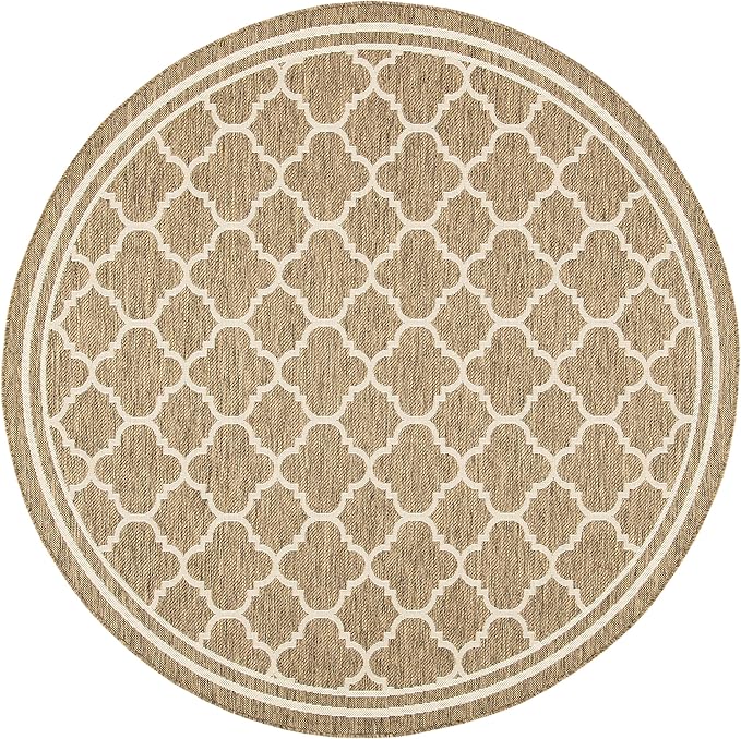SAFAVIEH Washable Rug Outdoor Courtyard Collection - 6'7" Round, Brown & Bone, Non-Shedding & Easy Cleaning, Ideal for Patio, Backyard, Mudroom (CY6918-242)