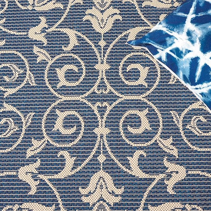 SAFAVIEH Washable Rug Outdoor Courtyard Collection - 2'7" x 5', Navy & Beige, Non-Shedding & Easy Cleaning, Ideal for Patio, Backyard, Mudroom (CY2098-268)