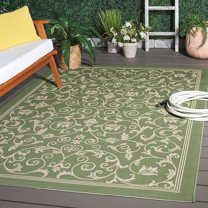 SAFAVIEH Washable Rug Outdoor Courtyard Collection - 6'7" x 9'6", Olive & Natural, Non-Shedding & Easy Cleaning, Ideal for Patio, Backyard, Mudroom (CY2098-1E06)