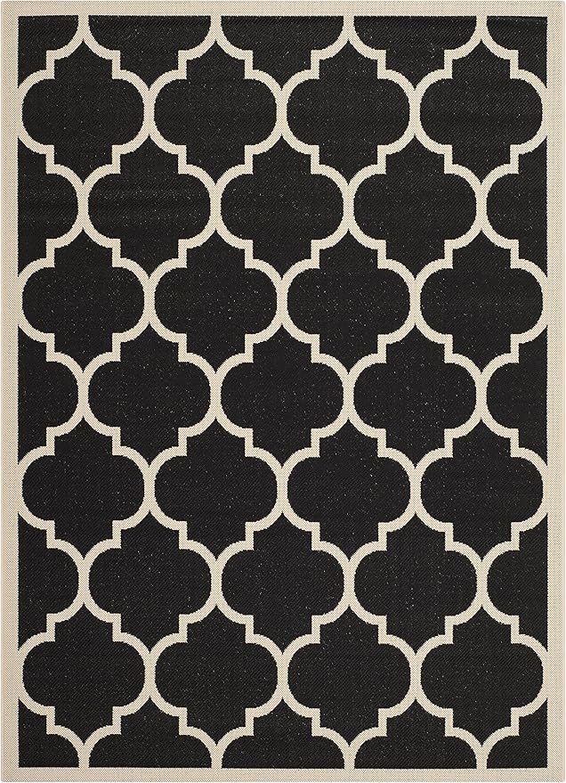 SAFAVIEH Washable Rug Outdoor Courtyard Collection - 4' x 5'7", Black & Beige, Non-Shedding & Easy Cleaning, Ideal for Patio, Backyard, Mudroom (CY6914-266)