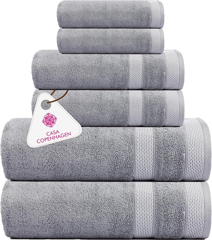 CASA COPENHAGEN Solitaire 6 Pieces Towel Set- Grey Violet, 600 GSM 2 Bath Towel 2 Hand Towel 2 Washcloth, Designed in Denmark Made of Soft Egyptian Cotton for Bathroom, Kitchen & Shower